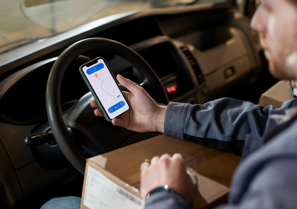 Monitoramento e rastreabilidade no transporte de carga com dispositivos de Internet das Coisas (IoT) e dados em tempo real nas telas digitais.