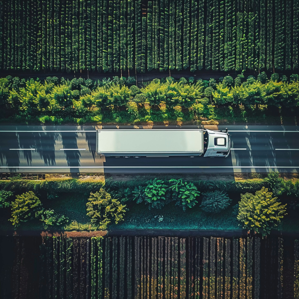 Imagem de um caminhão passando por um rota em meio a florestas verdes e gramados brilhantes, representando a logística sustentável.